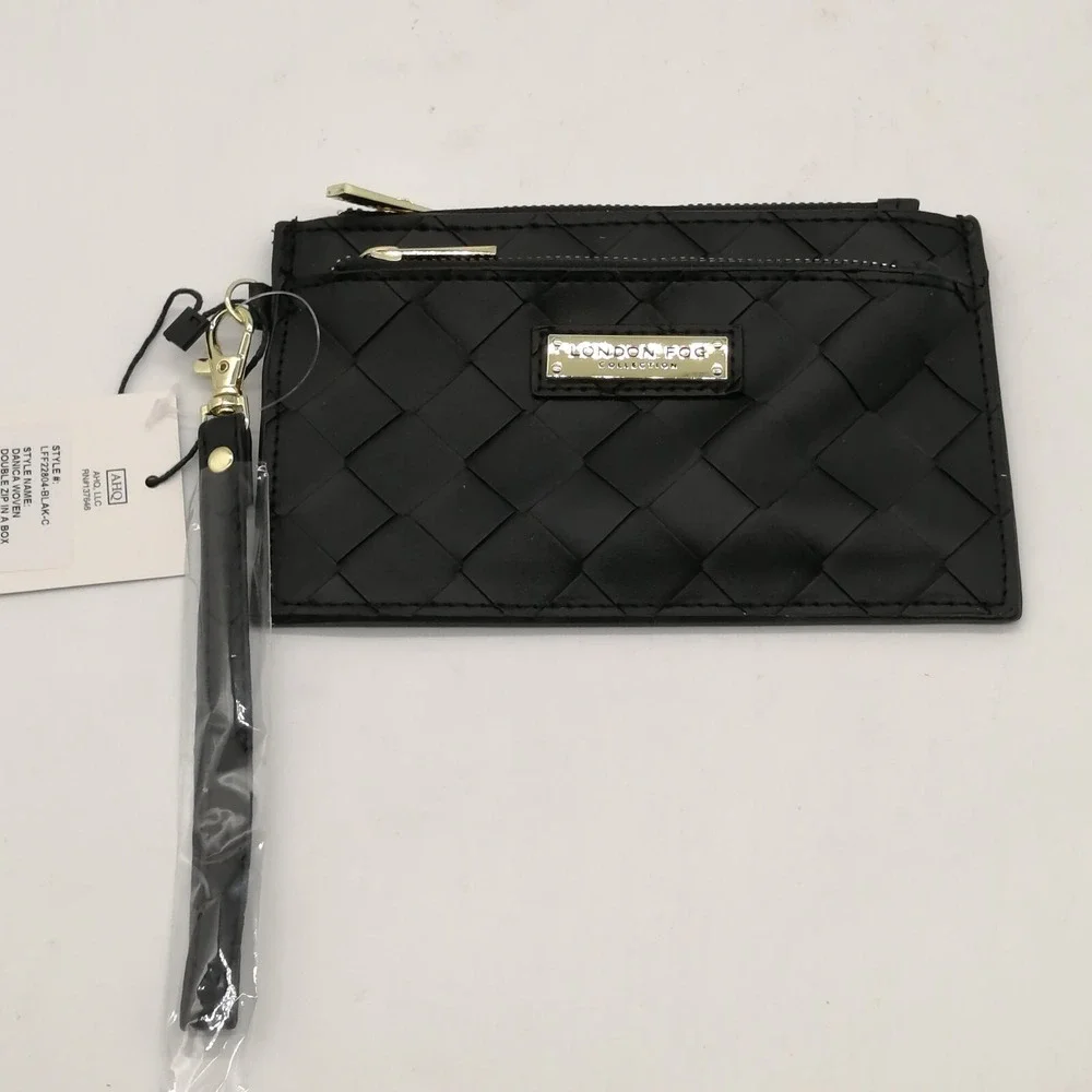 London‎ Fog Wristlet Womens Danica Black Organizer Wallet Woven Double Zip NEW